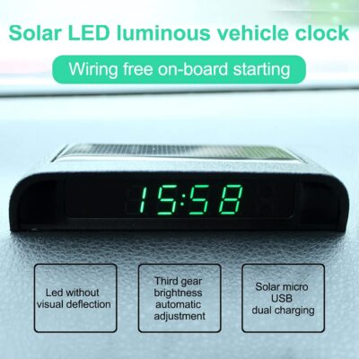 Car Auto Digital Dashboard Clock Small Clocks Solar Powered Stick-On Luminous Time Clock with Temperature LCD Screen Display for Car Interior(Green) - Image 3