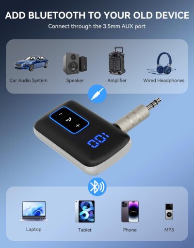 Bluetooth 5.3 Receiver for Car, [LED Screen] [Noise Cancelling] 3.5mm AUX Bluetooth Adapter, Wireless Audio Receiver for Wired Headphones/Home Stereo/Speaker, Music Playing, Hands-Free Call - Image 6