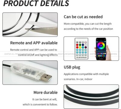Ambient Lighting Car Led Lights Interior,43.3’’ USB Powered Acrylic Neon Flexible Strip Fiber Optic LED Ambient Lighting Kits with Remote APP, RGB Music Lights Sync for Inside car Dashboard - Image 2
