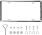 Chrome License Plate Frame Made of Zinc Alloy Metal, Universal Car Accessories,1 Pack License Plate Holder Never Rust and Unbreakable with Metal Screws, Chrome Caps and Screwdriver