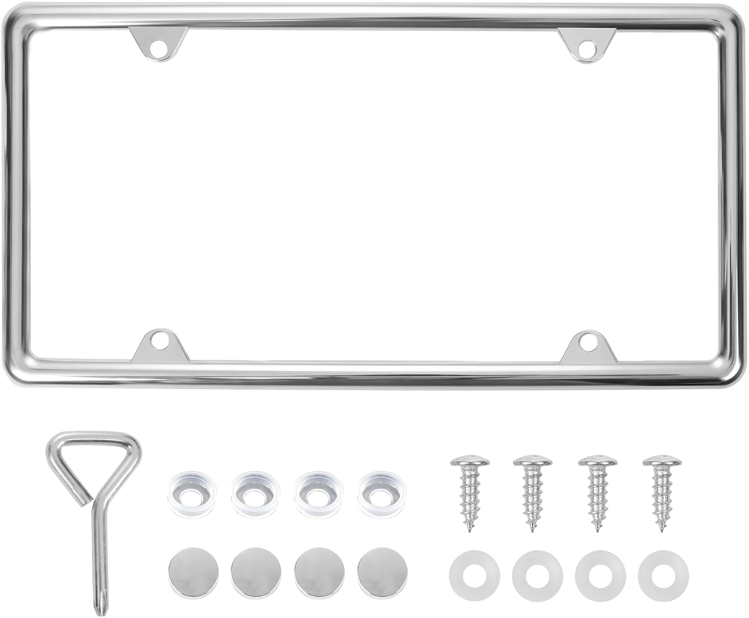 61Di6Tky2yL._AC_SL1500_.jpg Chrome License Plate Frame Made of Zinc Alloy Metal, Universal Car Accessories,1 Pack License Plate Holder Never Rust and Unbreakable with Metal Screws, Chrome Caps and Screwdriver - Image 1