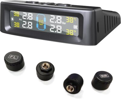 Tire Pressure Monitoring System, Solar Tire Pressure Monitor with 4 External Sensors, Voice Alarm, Real - Time Temperature Pressure Display 0-5 Bar for Car SUV - Dual Charging, - Image 8