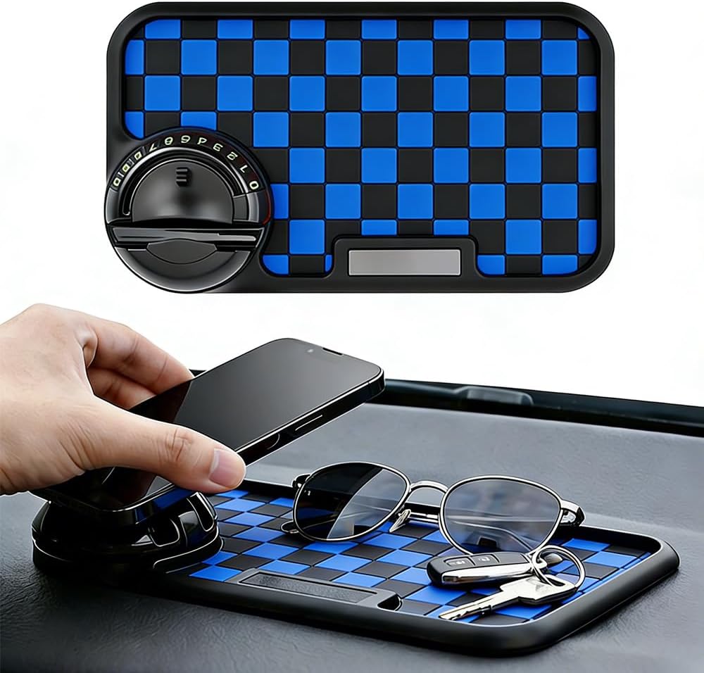 61E60C0ERqL._AC_SL1000_.jpg Multifunctional Car Anti-Slip Dashboard Mat with 360° Rotating Phone Holder & Hidden Parking Number Plate, Universal Anti Slip Mat for Car Dashboard Organizer for Phone, Keys, Sunglasses (Blue) - Image 1