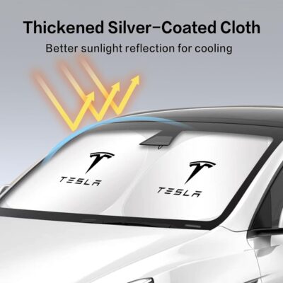 300T Sunshade for Tesla Model Y Model 3, Car Accessories 2026 for Tesla, Front Window Sunshade with Organizer Bag, Gifts for Tesla Owners - Image 5