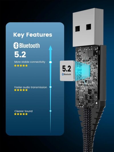 Aux Bluetooth 5.2 Car Adapter, USB Powered 3.5mm Jack, Handsfree Call, Music Streaming for Trucks Hi-Fi Home Stereo Systems - Image 4
