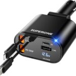 [Upgraded] SUPERONE Retractable Car Charger 4 in 1, Fast Car Phone Charger with Cord 2.6ft, USB C and Apple Car Adapter, Compatible with iPhone 17 16 15/15 Pro Max/14/13/12/11, Galaxy, Pixel