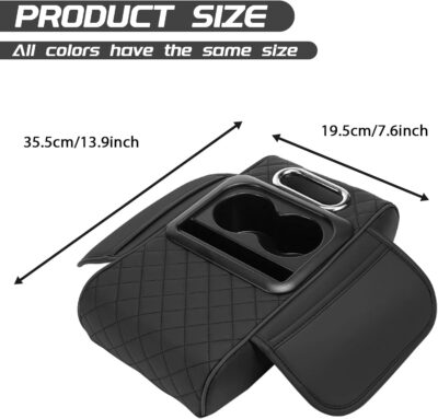 Car Armrest Cushion, 5 in 1 Center Console Cover with 2 Cup Holders, Phone Holder, Tissue Holder, Storage Bag, Multifunctional Leather Heightened Car Armrest Cushion for Most Cars（Black - Image 2
