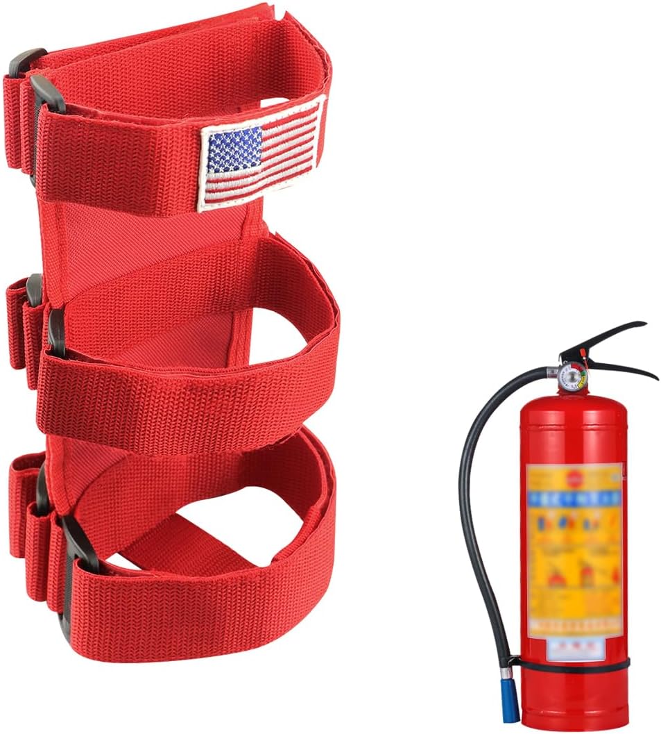 61FR96yNrrL._AC_SL1200_.jpg Fire Extinguisher Holder, Adjustable Extinguisher Fixed Belt with American Flag Pattern, Roll Bar Fire Extinguisher Mount Strap Bracket for Wrangler JK JKU TJ CJ Gladiator (Red) - Image 1