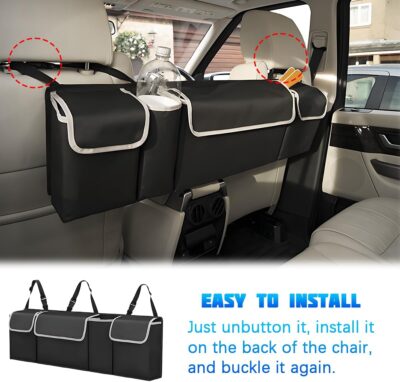 Car Trunk Organizer with Lid, Large Waterproof Vehicle Backseat Hanging Storage Bag with 4 Pockets & Adjustable Straps, Collapsible Automotive Interior Cargo Bag, Universal Fit (Black) - Image 4