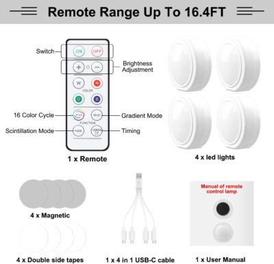 4PCS Wireless Car LED Lights with Remote Control, 16 Colors Interior Car Led Puck Lights, Rechargeable Ambient Lighting Kit with Dimmer & Timer, Inside Night Lamp for Vehicle Home Decoration - Image 7