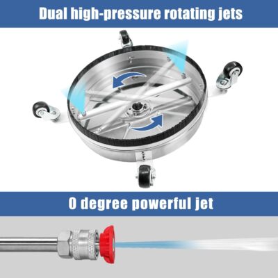 JANZ 16" Pressure Washer Surface Cleaner with 4 Wheels, Stainless Steel Housing, 1/4" Quick Plug, 2 Extension Wand Attachments, 2 Replacement Nozzles and 3 Spray Nozzles, 4000 PSI - Image 4
