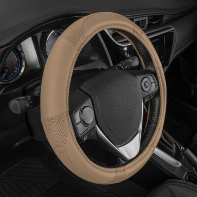 Motor Trend Perforated Microfiber Leather Steering Wheel Cover for Cars Trucks SUVs Vans, Sporty Racing Improved Grip Anti-Fatigue Ergonomic Design, Airbag Compatible - Fits Standard 15" Inch - Beige - Image 3