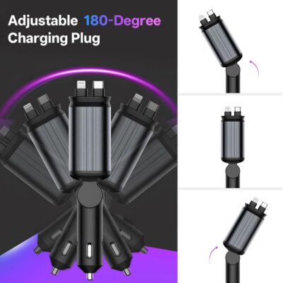 Retractable Car Charger, 4 in 1 Fast Charging Car Charger USB-C & USB-A Compatible with iPhone 16/15/14/13/12/11,Galaxy,Pixel - Image 3