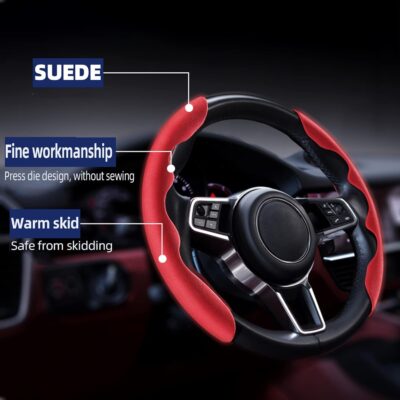 New Fluffy Anti-Skid Steering Wheel Cover Segmented Protector Safe and Non Slip Car Accessory and Durable Easy to Install for Steering Wheels of Universal Fit 99% Car (Suede Material Red) - Image 5