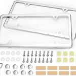 Ohuhu License Plate Frames, 2 Pcs 4 Holes Slim Stainless Steel Polish Mirror License Plate Frame + Chrome Screw Caps (Silver)