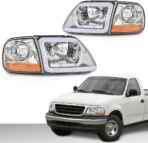 G-PLUS Lightning Style Headlights LED DRL Light Strip Compatible with Ford Expedition 1997-2002/Fit Ford F150 1998-2004/Fit F250 1997-1999 Clear Lens Chrome Housing Amber Reflector - Image 2