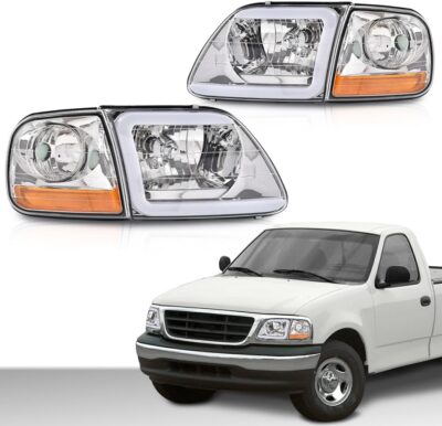 G-PLUS Lightning Style Headlights LED DRL Light Strip Compatible with Ford Expedition 1997-2002/Fit Ford F150 1998-2004/Fit F250 1997-1999 Clear Lens Chrome Housing Amber Reflector - Image 2