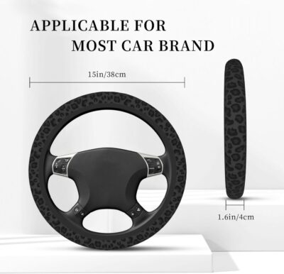 Black Leopard Print Cheetah Elastic Steering Wheel Cover, Non-Slip Breathable Neoprene Steering Wheel Covers, Women Leopard Car Accessories, Universal 15 Inch Fit Auto, Suvs, Truck - Image 4