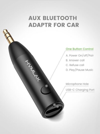 Bluetooth 5.4 Car Aux Adapter with Enhanced Microphone, 3.5mm Jack for Car Home Stereo, USB-C Charging, Sturdy Case, 1 Piece - Image 5