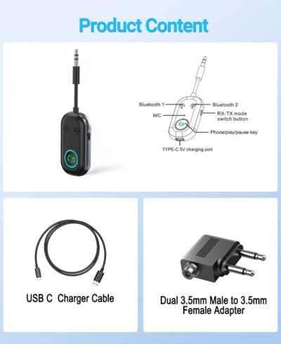 Bluetooth Transmitter Receiver, 3.5MM to Bluetooth 5.3 Transmitter, 2-in-1 Airplane Adapter for Headphone, TV, Airplane, Home Stereo, Speakers, Headphone, Car, Dual Connection - Image 7