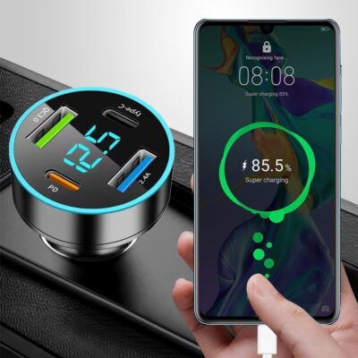 4 Ports Fast Car Charger,[Upgrade Voltmeter Display] PD+QC3.0+USB C Car Charger for 12-24V Cigarette Lighter Plug,Car Phone Charger Compatible with iPhone/Android/Samsung/iPad (QC3.0+Type-C+PD+2.4A) - Image 3