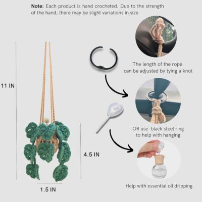 Cute Crochet Car Plant Monstera Essential Oil Diffuser Bottle - 12ml Refillable, Green Car Accessory for Mirror Decor and Home Decor - Image 2