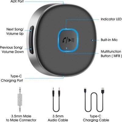 Bluetooth Receiver, LAICOMEIN Portable 3.5mm Aux Car Adapter, Bluetooth Wireless Audio Receiver for Car/Home Stereo/Wired Headphones/Speaker, 16H Battery Life - Image 2