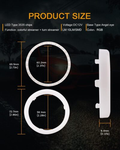Qasim Angel Eyes Halo Rings Cotton Lights 12V 70MM RGB LED Universal for Car Scooter Motorcycle DRL Fog Light Turn Signal Light APP Bluetooth Control Multi-Color 2-Pack - Image 2