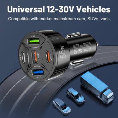 Super Fast Charging USB-C Car Charger Adapter, 65W 5-in-1 Multi-Port PD30W & QC3.0 Cigarette Lighter USB Charger for iPhone/Android/Samsung/iPad Pro (Black) - Image 6