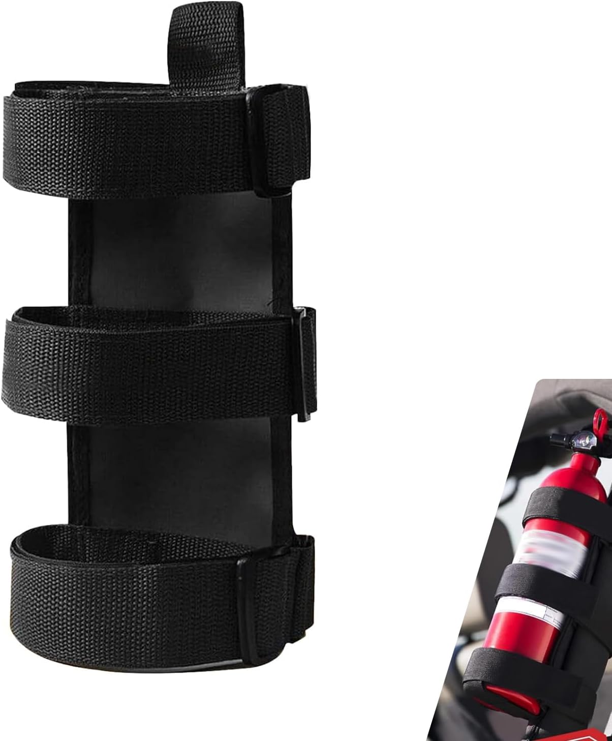61IqTudvgNL._AC_SL1500_.jpg Roll Bar Fire Extinguisher Mount, Adjustable Secure Holder with Water Bottle Strap, Fire Extinguisher Retention Strap, Compatible with Wrangler Unlimited CJ YJ LJ TJ JK JKU JL JLU (Black) - Image 1