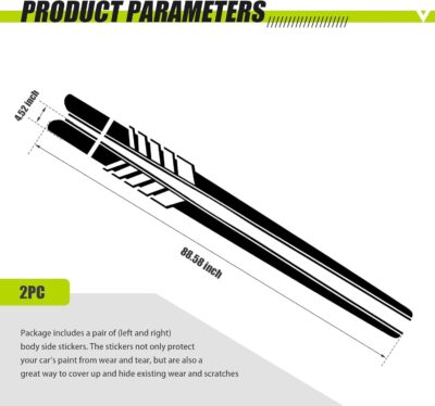 2 PCS Car Side Skirt Decals, 88.58" x 4.52" Long Stripes Stickers, PVC Auto Personalized Stickers, Waterproof Body Decoration, Universal for Most Cars, Trucks, SUVs (Black) - Image 2