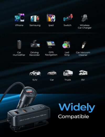 AINOPE 108W Multiple Ports Car Charger, Road Trip Essentials for Kids, Travel Essentials for Long Trips, 6-Port USB C Cigarette Lighter Adapter Fast Charging for iPhone 17 16 15 for iPad [+5FT Cable] - Image 6