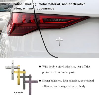 2PCS Metal Jesus Christ Cross Badge Stickers, 2.5"×1.8" Alloy 3D Individual Car Cross Sticker, Self Adhesive Scratch Covering Metal Cross Auto Emblem Decal for Car Body Fender Tail (Silver) - Image 4