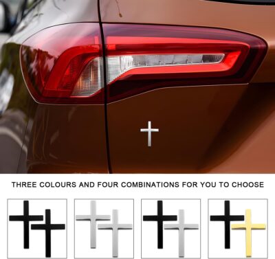2PCS Metal Jesus Christ Cross Badge Stickers, 2.5"×1.8" Alloy 3D Individual Car Cross Sticker, Self Adhesive Scratch Covering Metal Cross Auto Emblem Decal for Car Body Fender Tail (Silver) - Image 5