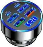 USB C Car Charger Adapter with Voltmeter Compatible with iPhone 16 15 14 13 12 11, Android, Samsung, 120W 6 in 1 Multi-Port Super Fast Charging Cigarette Lighter USB Charger