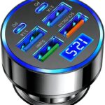 USB C Car Charger Adapter with Voltmeter Compatible with iPhone 16 15 14 13 12 11, Android, Samsung, 120W 6 in 1 Multi-Port Super Fast Charging Cigarette Lighter USB Charger