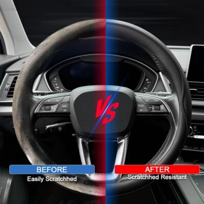 Leather Steering Wheel Cover， with Anti-Slip Stripe Design - Enhanced Grip, Fashion Style, Safe, Non-Slip, Breathable. Upgrade car Interior，Black - Image 5