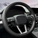 Leather Steering Wheel Cover， with Anti-Slip Stripe Design - Enhanced Grip, Fashion Style, Safe, Non-Slip, Breathable. Upgrade car Interior，Black