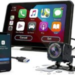 Portable Carplay Screen for Car, 7" HD Touchscreen for Car with Backup Camera/Mirror Link/Bluetooth/Voice Control/GPS/AUX/FM Satellite Radio for All Vehicles.