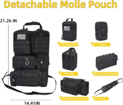 Tactical Car Seat Back Organizer,Tactical Molle Seat Back Organizer with 6 Detachable Molle Pouch,Universal Fits for Car Truck Jeep Vehicle Black - Image 2