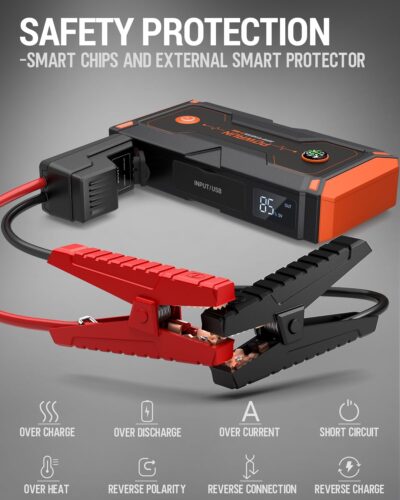 Powrun P-ONE Jump Starter, 2000A Portable Jump Box - Car Jump Starter Battery Pack for up to 8.0L Gas and 6.5L Diesel Engines, 12V Battery Jump Starter with Carry Case (Orange) - Image 4