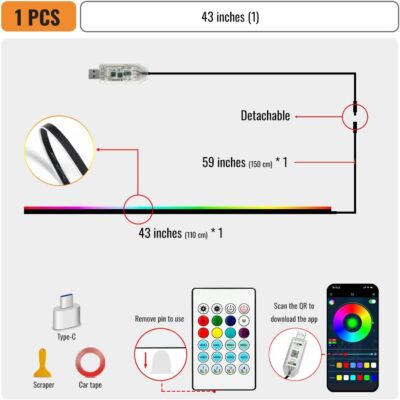 Ambient Lighting Car Led Lights Interior,43.3’’ USB Powered Acrylic Neon Flexible Strip Fiber Optic LED Ambient Lighting Kits with Remote APP, RGB Music Lights Sync for Inside car Dashboard - Image 3