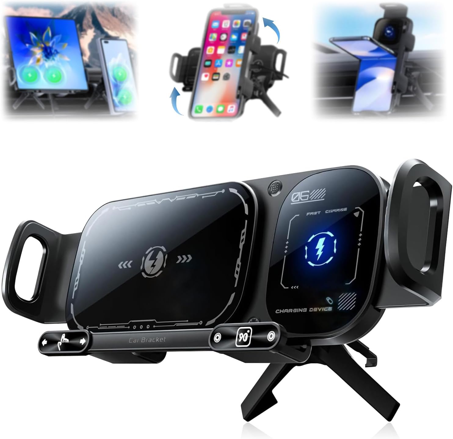 61LiUTusOcL._AC_SL1500_.jpg Wireless Charging Rotating Car Mount, High Intelligent 2 in 1 Auto Rotating Phone Holder, One-Click Rotation, Universal Phone Holder Car Charger Fast Charging for Car Dashboard & Air Vent (Black) - Image 1