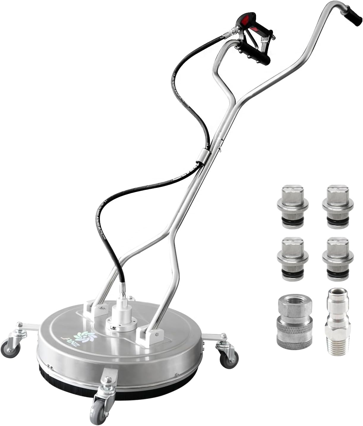 61LtPNFB5FL._AC_SL1500_.jpg JANZ 24'' Pressure Washer Surface Cleaner with 4 Wheels,Dual Handle,Stainless Steel Housing, 4 Replacement Nozzle Cores and 2 Hose Adapters,Ideal for Driveways, Sidewalks,Patios,Decks Cleaning - Image 1
