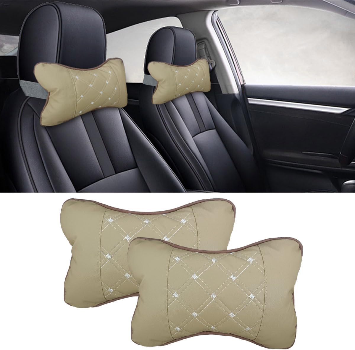 61LyAr4y2jL._AC_SL1200_.jpg 2PCS Car Neck Pillow, Breathable Car Head Neck Rest Cushion, Soft Pillow for Relieving Stiffness, Comfort Car Seat Neck Support Pillow (Beige) - Image 1