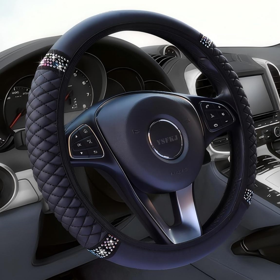 61M39nGKBL._AC_SL1150_.jpg Soft Leather Car Steering Wheel Cover, Universal 15 Inch Colorful Rhinestones Anti-Slip Elastic Steering Wheel Covers for Most Cars, Sparkly Crystal Diamond for Women Girls (Black) - Image 1