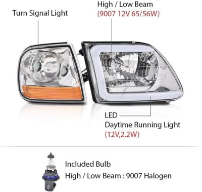 G-PLUS Lightning Style Headlights LED DRL Light Strip Compatible with Ford Expedition 1997-2002/Fit Ford F150 1998-2004/Fit F250 1997-1999 Clear Lens Chrome Housing Amber Reflector - Image 3