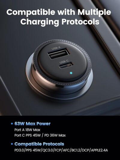 UGREEN 63W USB C Car Charger Adapter, PPS 45W Super Fast Charging 2.0 Type C Car Charger Cargador para Carro, Dual USB C for iPhone 17/16/15/14/13/12, Galaxy S24/S23/S22/Series, iPad, MacBook - Image 3