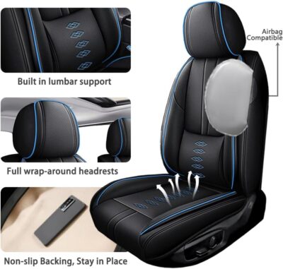 Car Seat Covers for Honda HR-V 2016-2026,Waterproof Nappa Leather Car Seat Cover,Soft Seat Cushion Covers with Airbag,Full Coverage Car Seat Covers Sets(Black Blue,2PCS Only) - Image 2