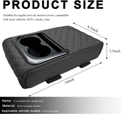 Car Center Console Armrest Pillow, 14"×8.3" Waterproof Leather Armrest Box Cover with Cup and Phone Holder, Soft Memory Foam Arm Rest Console Pad Protector for SUV Truck (Black, Embroidery) - Image 2